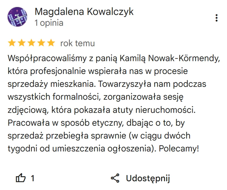Opinia Google – Magdalena Kowalczyk